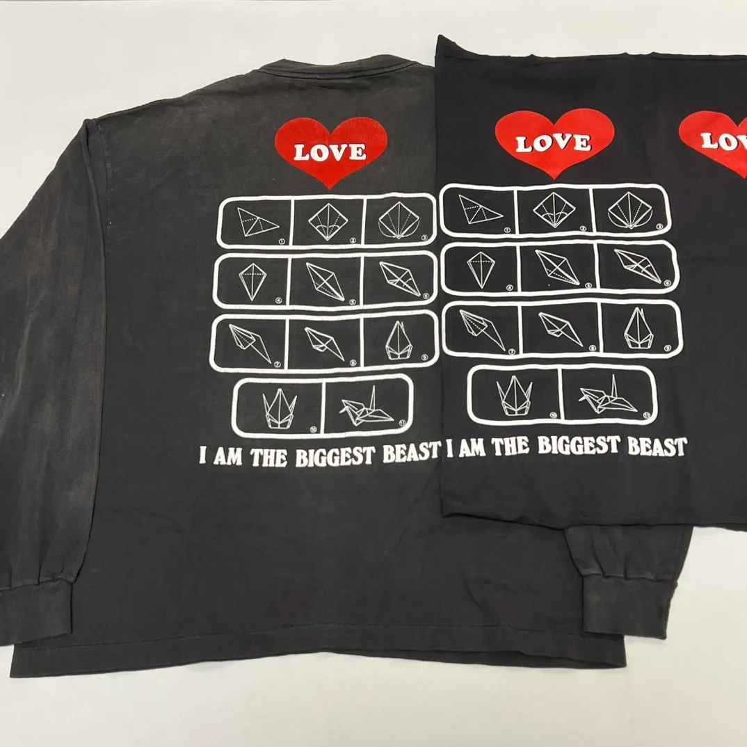 Printing proofing SAINT Mxxxxxx LS TEE/LOVE/BLK LOVE love paper crane distressed hole long sleeves washed black S-XL